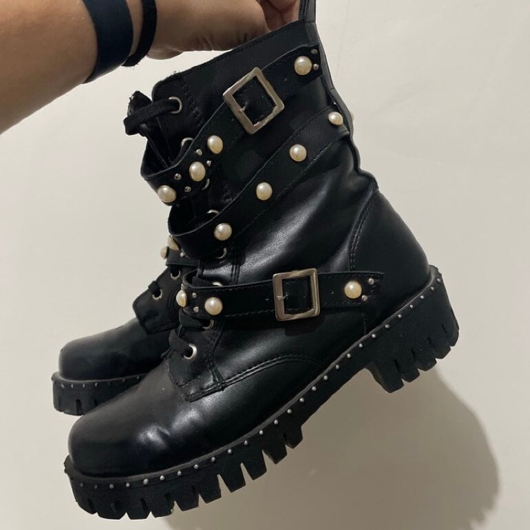 Botas Cortas Botines Negros Perlas Botas Militares Perlas Botas