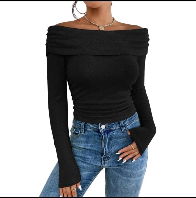 Blusas Modernas Camisa Negra Hombros Descubiertos Blusa Negra