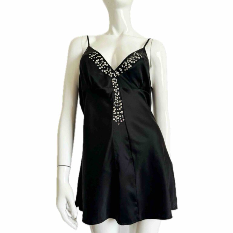 Seda Vestido Negro Lencero Corto Vestido De Seda Negro, Vestido