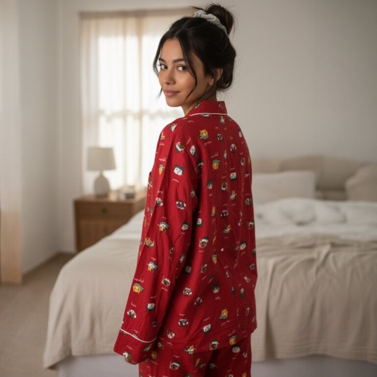 Pijama camisa roja estampada de algodón LandsEnd mujer calidad premium