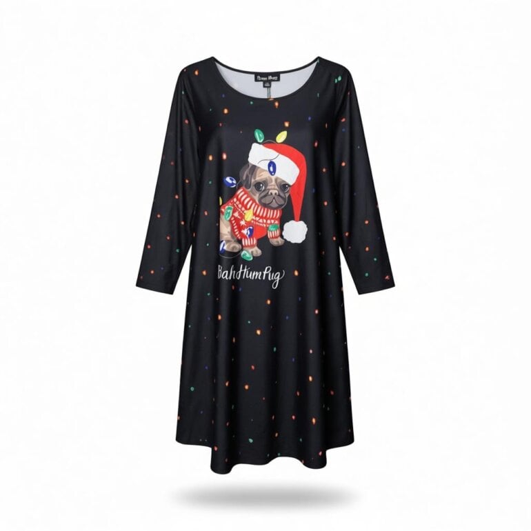 Vestido navideño negro estampado pug adorable para fiestas, posadas y convivios