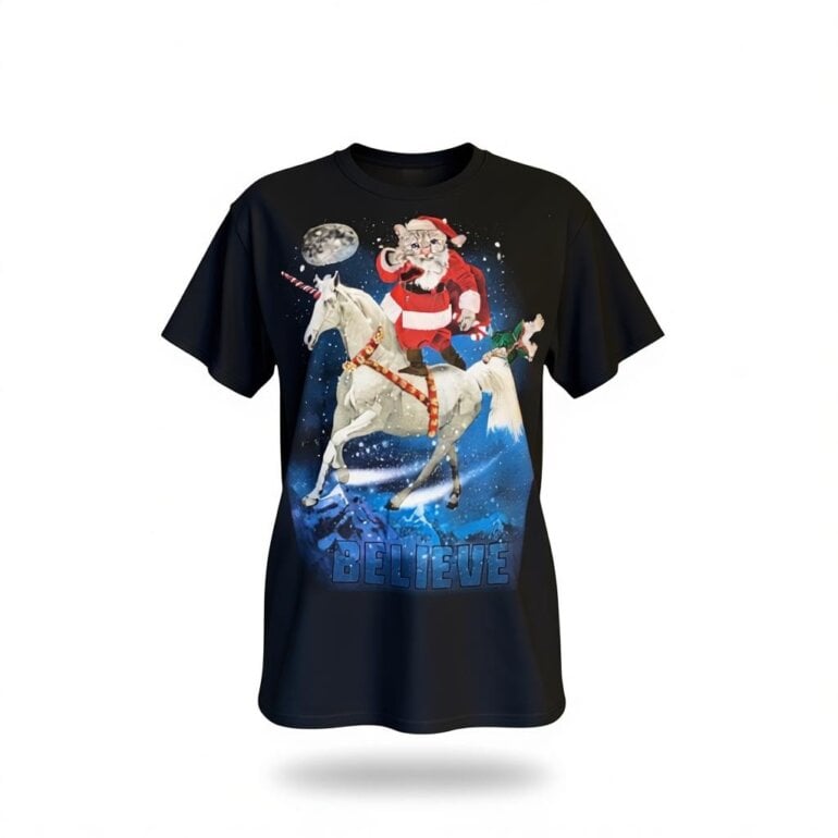 Playera Navideña de Gato Santa Klaus en un Unicornio