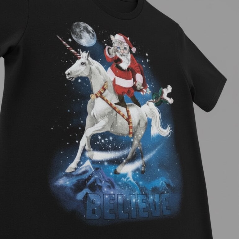 Playera Navideña de Gato Santa Klaus en un Unicornio - Imagen 4