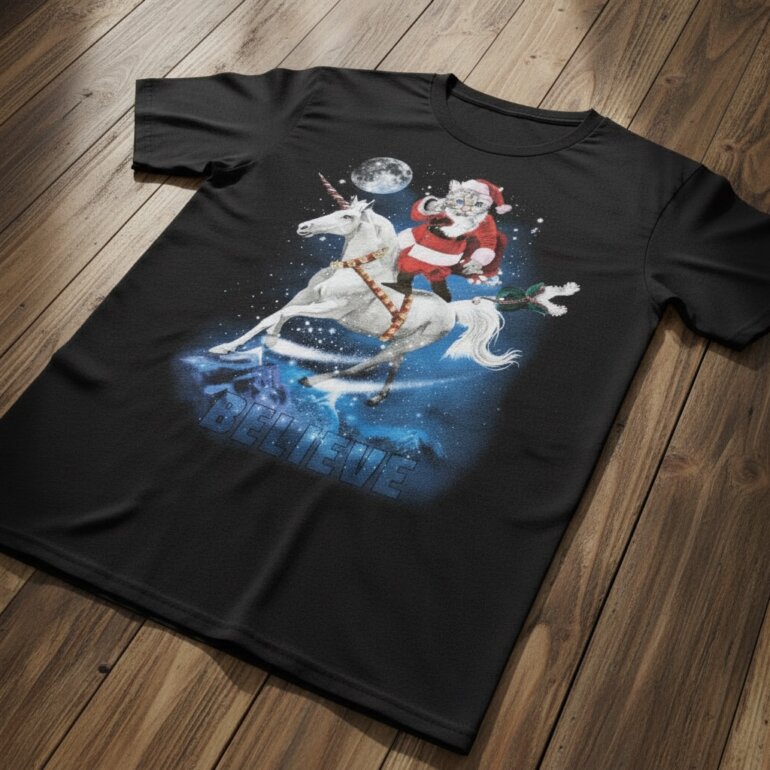 Playera Navideña de Gato Santa Klaus en un Unicornio - Imagen 3
