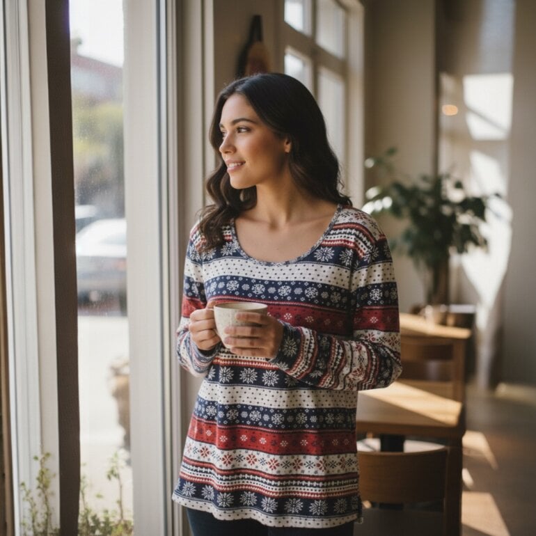 Blusa navideña Loft mujer algodón rojo azul cómoda para invierno casual moderna - Imagen 6