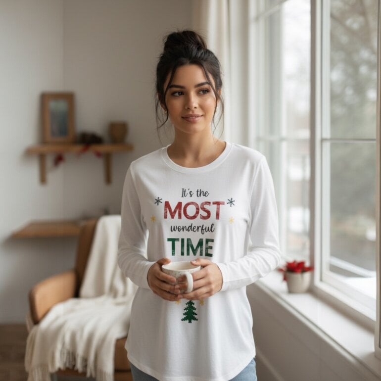 Playera navideña blanca manga larga cuello redondo frase cozy invierno