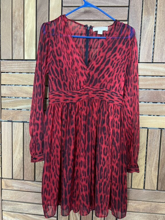 michael kors red leopard print dress Michael Kors Red Leopard Cat-Print Faux-Wrap Long Sleeve Mini Dress