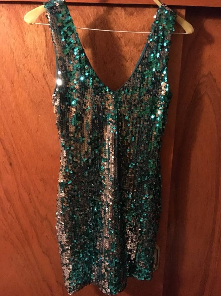 slim fit dress slacks Charlotte Russe Teal Mesh Dress Sequin Trim SZ Large SKU 000066 – Designers  On A Dime